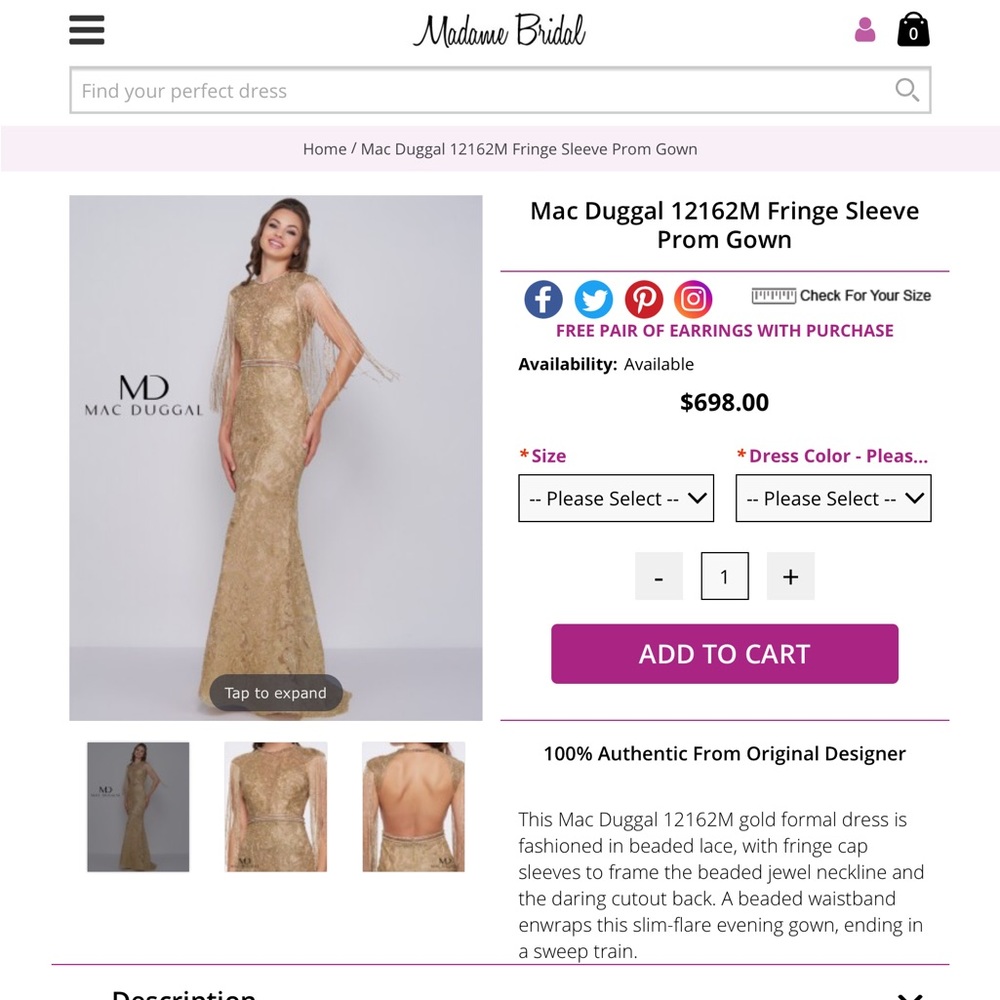 Mac Duggal Gown metallic gold high neck open back beaded fringed sleeve trumpet